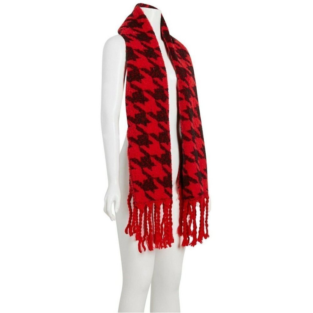DKNY Womens One Size Oversized Houndstooth Blanket Scarf Black Red Soft $58